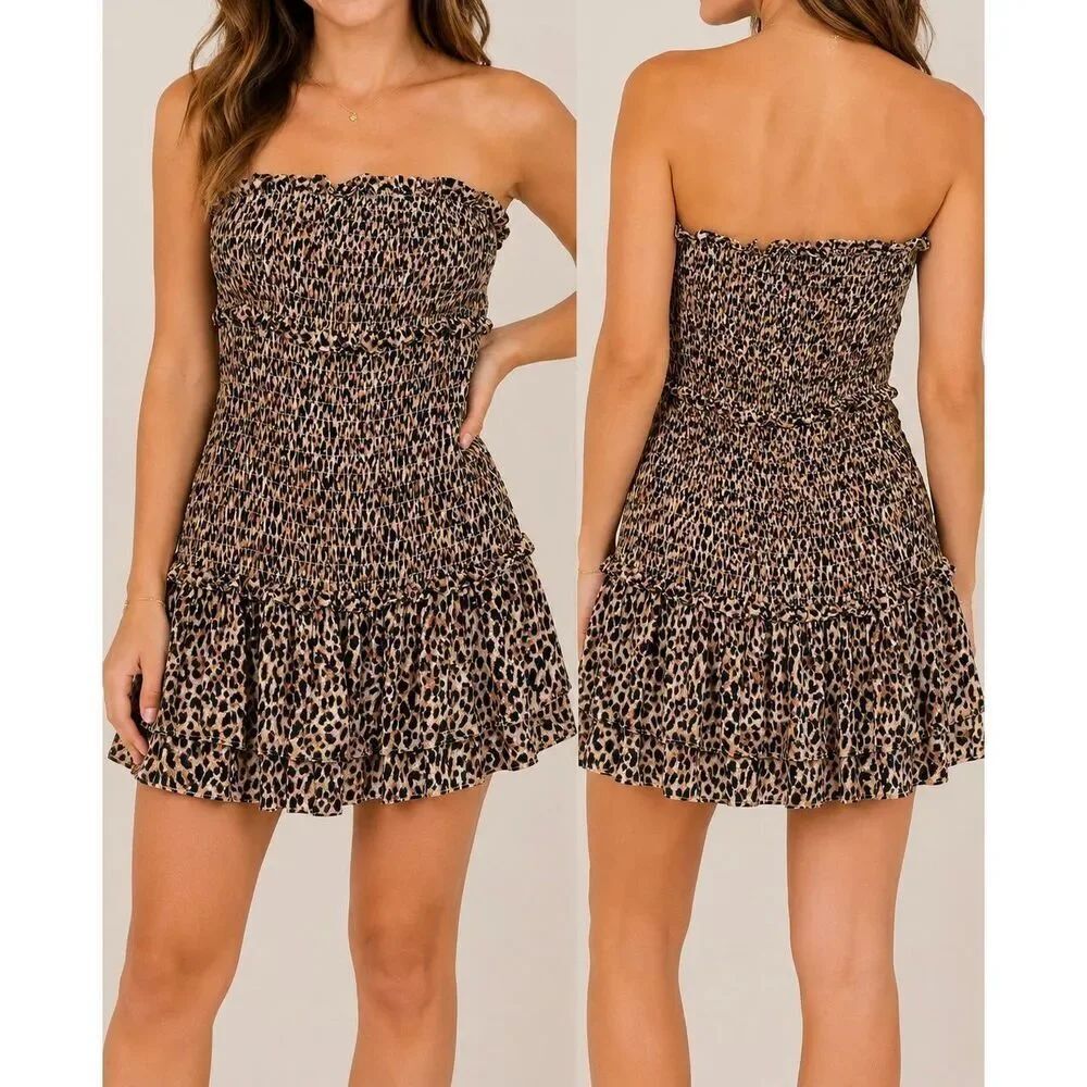 American Eagle Leopard Smocked Strapless Mini Dress XL Y2K